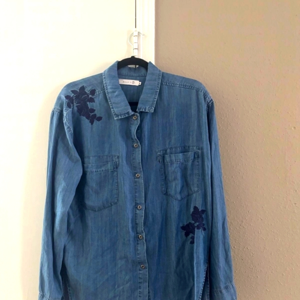 Blue Denim Shirt with Floral Embroidery